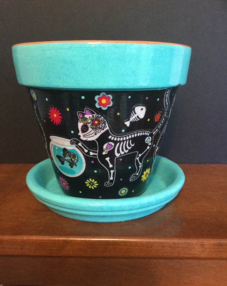 Cats Planter Cats Playing in Fishbowl Day of the Dead Cat Flower Pot with Saucer Sugar Skull Cats Skeleton Cats Gift for Cat Lover,