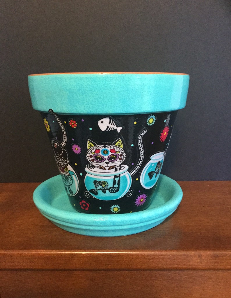 Cats Planter Cats Playing in Fishbowl Day of the Dead Cat Flower Pot with Saucer Sugar Skull Cats Skeleton Cats Gift for Cat Lover,