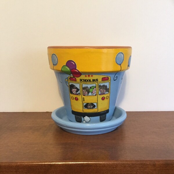 Bus Driver Teacher Gift Flower Pot with Saucer, Teacher Gift Flower Pot, School Bus Flower Pot, Flower Pot with Drainage, Decorated Planter