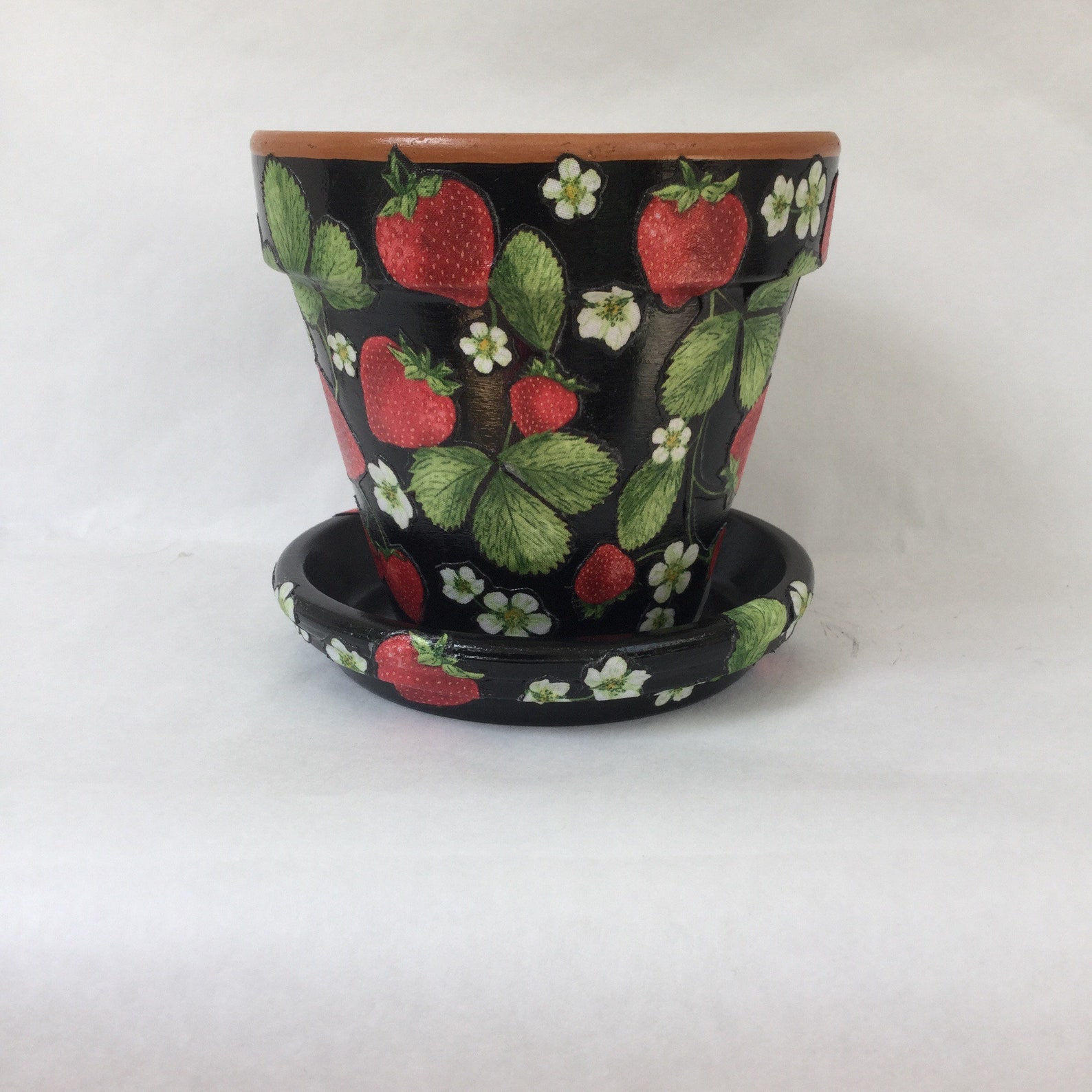 6 Inch Strawberry Flower Pot With Saucer Decoupage Painted Etsy