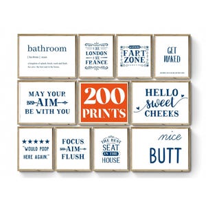 Set of 200 Blue Bathroom Wall Art | Bathroom Wall Decor Prints | Funny Bathroom Art Quote Print | Blue Bathroom Art Set | Printable Wall Art