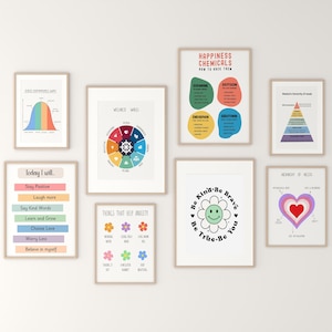 Puede incluir: Una colecci&oacute;n de l&aacute;minas enmarcadas con temas motivacionales y educativos. Las l&aacute;minas presentan gr&aacute;ficos y texto coloridos, incluyendo una rueda de bienestar, una gu&iacute;a de qu&iacute;micos de la felicidad y un dise&ntilde;o "Be Kind-Be Brave". Los marcos son de color madera clara.