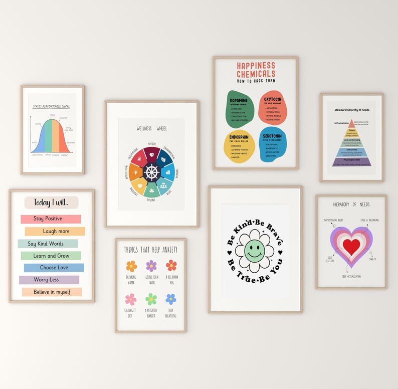 Puede incluir: Una colecci&oacute;n de l&aacute;minas enmarcadas con temas motivacionales y educativos. Las l&aacute;minas presentan gr&aacute;ficos y texto coloridos, incluyendo una rueda de bienestar, una gu&iacute;a de qu&iacute;micos de la felicidad y un dise&ntilde;o "Be Kind-Be Brave". Los marcos son de color madera clara.