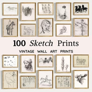 May include: A collection of framed sketch prints, featuring various black and white drawings. The prints are displayed in gold frames against a light pink background. Text reads "100 Sketch Prints" and "Vintage Wall Art Prints".