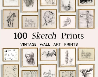 May include: A collection of framed sketch prints, featuring various black and white drawings. The prints are displayed in gold frames against a light pink background. Text reads "100 Sketch Prints" and "Vintage Wall Art Prints".