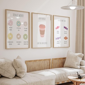 Puede incluir: Tres impresiones art&iacute;sticas enmarcadas con citas e ilustraciones inspiradoras. La primera impresi&oacute;n dice "Donut Worry" con gr&aacute;ficos de rosquillas. La segunda impresi&oacute;n dice "Love Yourself Like You Love Coffee" con un gr&aacute;fico de taza de caf&eacute;. La tercera impresi&oacute;n dice "A Little Sweet Talk" con gr&aacute;ficos de caramelos.