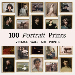 May include: A selection of framed vintage portrait prints. The prints depict diverse portraits of individuals in various styles and settings. The text "100 Portrait Prints" and "Vintage Wall Art Prints" is visible.