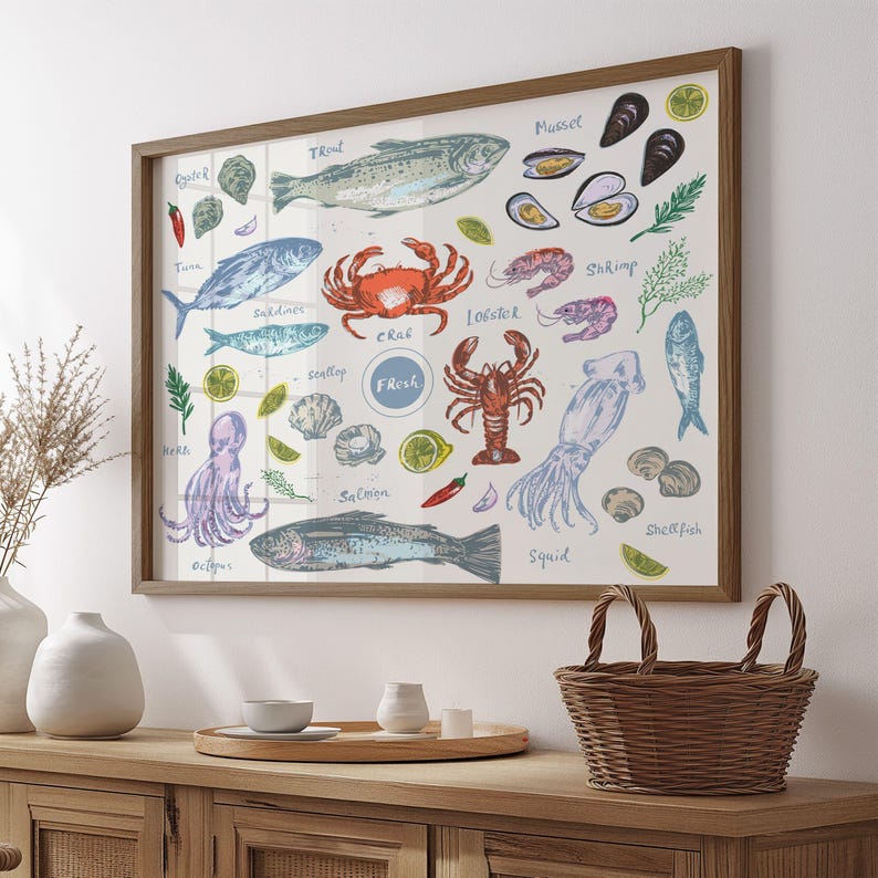May include: A framed print featuring a watercolor illustration of various seafood, including fish, shellfish, and crustaceans. The artwork includes labels such as "Trout," "Crab," and "Shrimp," with a "Fresh" emblem. The frame is a warm brown color.