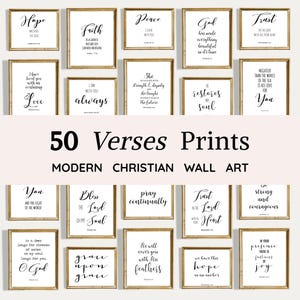May include: Collection of 50 framed Christian verse prints. Each print features a black script quote on a white background, set within a gold frame. The words "50 Verses Prints" and "Modern Christian Wall Art" are also displayed.