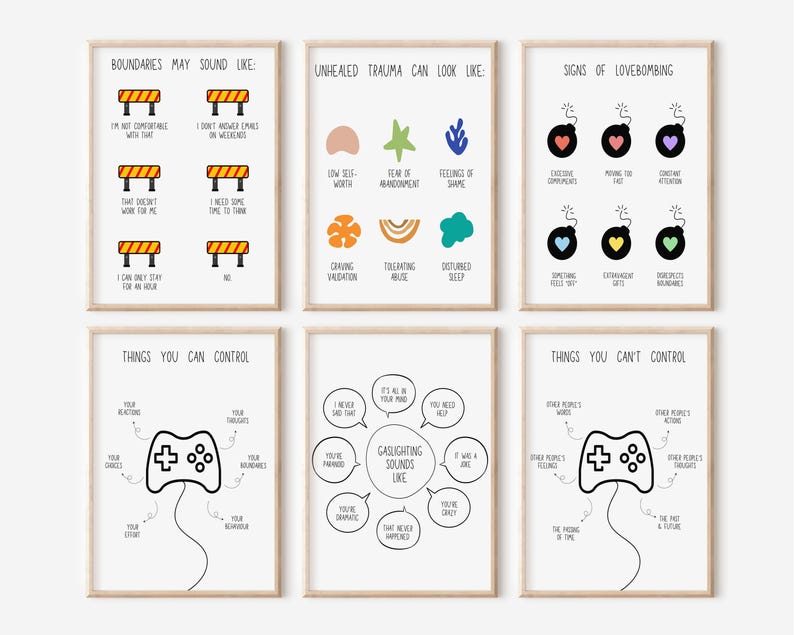 Puede incluir: Seis impresiones art&iacute;sticas enmarcadas con dise&ntilde;os minimalistas. Las impresiones presentan texto e ilustraciones sobre l&iacute;mites, trauma, lovebombing y control. La paleta de colores es principalmente en blanco y negro con acentos de amarillo, azul y rojo.