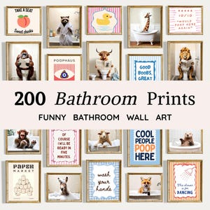 May include: A collection of twenty framed wall art prints featuring various animals in bathroom settings, humorous text, and graphic illustrations. The prints include images of a raccoon, giraffe, lion, monkey, and otter, alongside text-based designs.