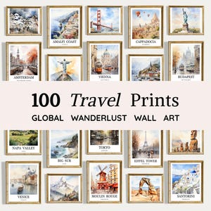 May include: A collection of framed travel prints featuring watercolor illustrations of global landmarks and destinations. The prints include locations like the Eiffel Tower, Santorini, and Napa Valley. The text reads "100 Travel Prints, Global Wanderlust Wall Art."