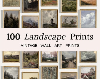 100 vintagelandskapsoljatryck | Gavelkonstset med bondgårdsmotiv (digital nedladdning)