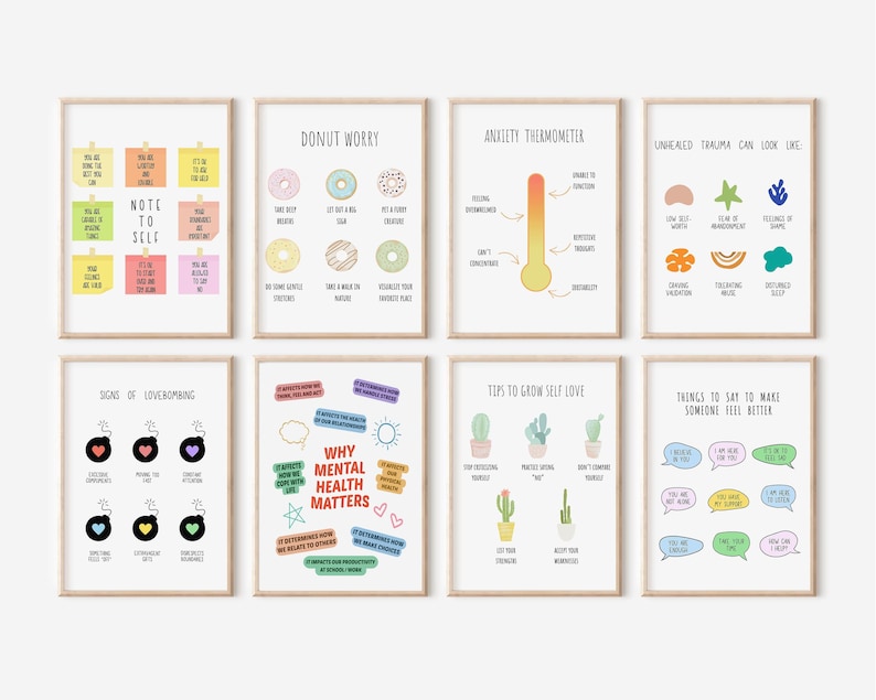 Puede incluir: Ocho impresiones art&iacute;sticas enmarcadas con temas de salud mental y motivaci&oacute;n. Las impresiones presentan texto e ilustraciones coloridas, incluyendo un term&oacute;metro, donuts, cactus y bocadillos. El texto incluye frases como "Nota para ti" y "Por qu&eacute; la salud mental importa."