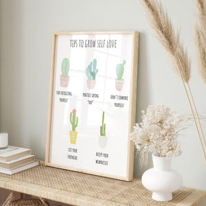 Puede incluir: Un cuadro enmarcado con el texto "TIPS TO GROW SELF LOVE" e ilustraciones de cactus. El cuadro incluye las frases "STOP CRITICIZING YOURSELF", "PRACTICE SAYING 'NO'", "DON'T COMPARE YOURSELF", "LIST YOUR STRENGTHS" y "ACCEPT YOUR WEAKNESSES".