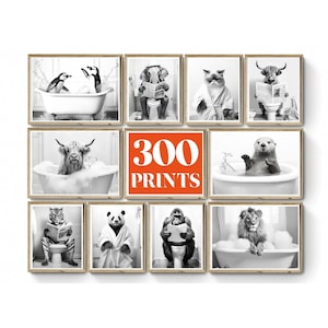 Set of 300 Funny Bathroom Wall Art | Vintage Style Animal Photo Print | Animal on Toilet | Animals in Bath and n Bathrobe | Printable AI Art