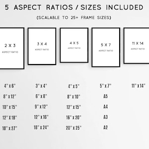 Puede incluir: Un gr&aacute;fico en blanco y negro que muestra cinco relaciones de aspecto enmarcadas: 2x3, 3x4, 4x5, 5x7 y 11x14. Debajo, tama&ntilde;os de impresi&oacute;n, incluyendo 10 cm x 15 cm, 20 cm x 30 cm, 25 cm x 38 cm, 30 cm x 46 cm y 46 cm x 69 cm. El texto indica que los archivos se pueden imprimir en m&aacute;s de 25 tama&ntilde;os de marco.