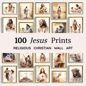 May include: A collection of framed art prints featuring watercolor depictions of Jesus. The prints are displayed in a grid, with the text "100 Jesus Prints" and "Religious Christian Wall Art" at the bottom.