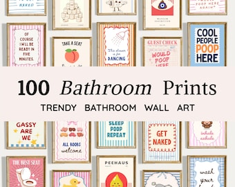 100 Trendy Bathroom Prints | Funny Toilet Quotes Wall Art | Retro Restroom Signs (Digital Download)