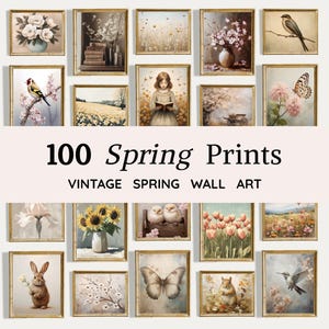 May include: A selection of framed vintage spring prints. The prints depict floral arrangements, birds, butterflies, and landscapes. The text "100 Spring Prints" is displayed, with "Vintage Spring Wall Art" below.