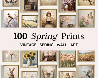 100 Spring Vintage Art Prints | Wildflower Gallery Wall | Neutral Cottage Decor | Printable Art Bundle (Digital Download)