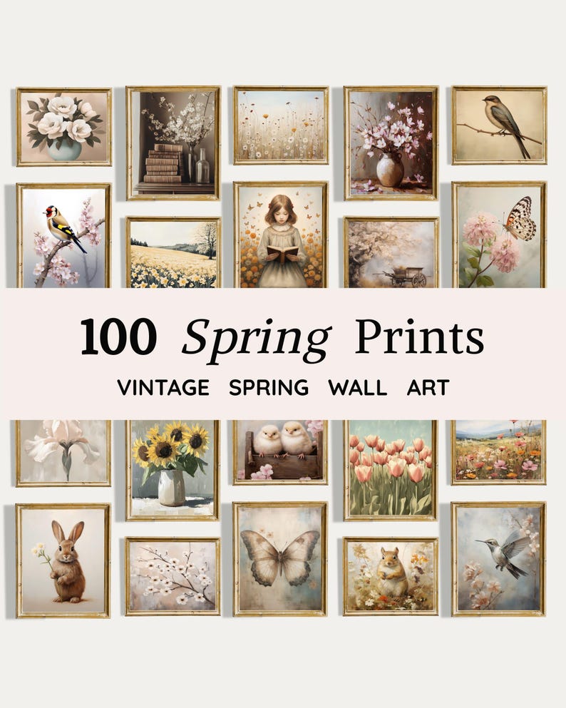 Spring Prints For Spring 100 Spring Vintage Art Prints | Wildflower Gallery Wall | Neutral ...
