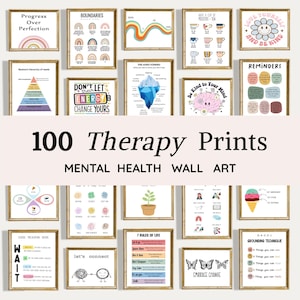 Puede incluir: Una colecci&oacute;n de impresiones enmarcadas con marcos dorados. Las impresiones presentan varios gr&aacute;ficos y textos relacionados con la salud mental, incluyendo citas motivacionales y recordatorios de autocuidado. El texto "100 Therapy Prints" se muestra de forma destacada.