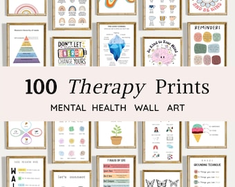 100 tryck med psykisk hälsa | Paket med terapiposters | Väggkonst för terapeuter | Dekor för terapeutkontor | Utskrivbar hälsokonst (digital nedladdning)