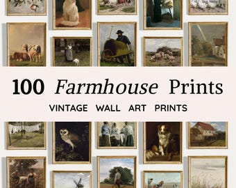 Può includere: Una collezione di stampe vintage incorniciate in stile rustico. Le stampe presentano scene pastorali, animali e paesaggi. Il testo "100 Farmhouse Prints" e "Vintage Wall Art Prints" è visualizzato sotto.