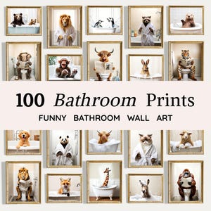 May include: A collection of framed wall art prints featuring various animals in bathroom settings, including bears, lions, and monkeys. The text 100 Bathroom Prints and FUNNY BATHROOM WALL ART is displayed in the centre of the grid of framed images.