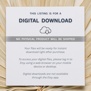 Puede incluir: Tarjeta rectangular blanca con texto: "ESTE LISTADO ES PARA UNA DESCARGA DIGITAL". Debajo, un icono de nube con una flecha hacia abajo. Texto: "NO SE ENVIAR&Aacute; NING&Uacute;N PRODUCTO F&Iacute;SICO". El texto explica el acceso a la descarga instant&aacute;nea.