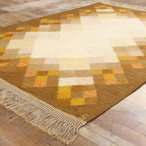 Handgefertigter Kelim Teppich aus Wolle, Gold Und Braun Benutzerdefinierte Durrie Schwedischer Skandinavischer Designer Handgefertigter Flachgewebe Teppich für Wohnzimmer, Wohnkultur