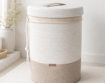Laundry basket with lid made of cotton cord