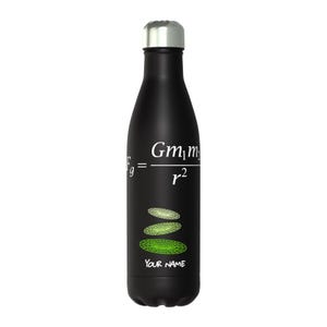 May include: Black insulated water bottle with a silver cap. The bottle features a white formula and green graphic design. The text "YOUR NAME" is printed at the bottom of the bottle.
