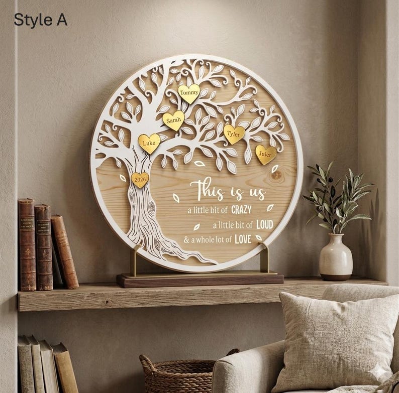 Personalized Family Tree Wall Art | Layered Wood Boho Sign, Gold Hearts (Custom Names) image 2