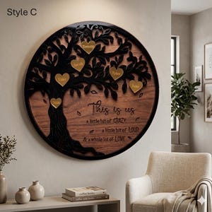 Personalized Family Tree Wall Art | Layered Wood Boho Sign, Gold Hearts (Custom Names) image 4