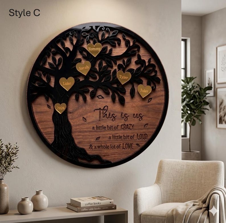 Personalized Family Tree Wall Art | Layered Wood Boho Sign, Gold Hearts (Custom Names) image 4