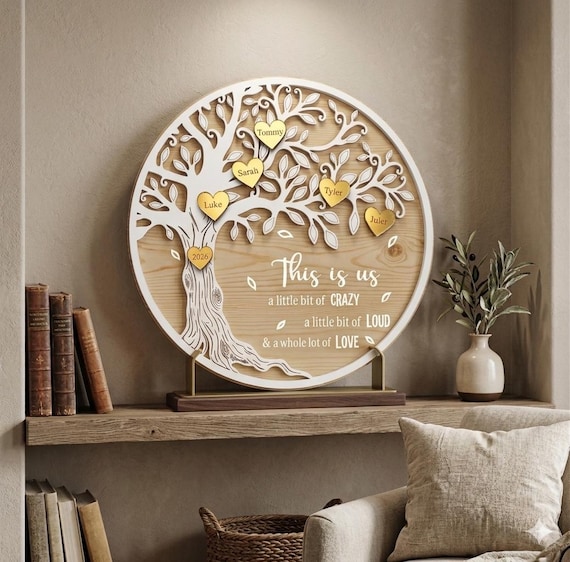 Personalized Family Tree Wall Art | Layered Wood Boho Sign, Gold Hearts (Custom Names)
