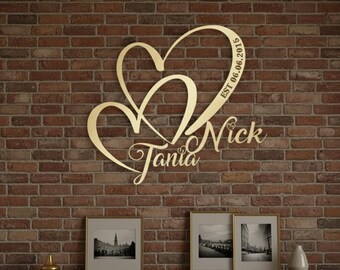 Personalized Hearts Wall Art, Custom Names and Date, Wedding Anniversary Gift
