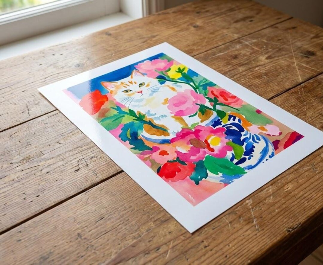 Watercolour Cat Print A4, Floral Cat Wall Art, Cute Cat Illustration ...