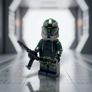 May include: A Lego minifigure of a soldier in a green and gray helmet and uniform, holding a black rifle. The figure has a camouflage pattern on the legs and torso. The background is a blurred, futuristic corridor.