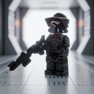 May include: A black Lego figure of a character in a dark uniform, helmet, and a blaster rifle. The figure has blue accents on the helmet and chest. The background is a blurred, futuristic corridor with white and orange lighting.