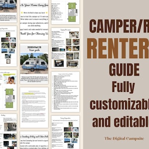 Könnte beinhalten: Ein beigefarbener digitaler Leitfaden mit dem Titel "CAMPER/RV RENTERS GUIDE Vollständig anpassbar und editierbar". Der Leitfaden enthält Informationen über einen 2018 B-Pod 178-Wohnwagen mit Bildern und Text. Der Verkäufer ist The Digital Campsite.