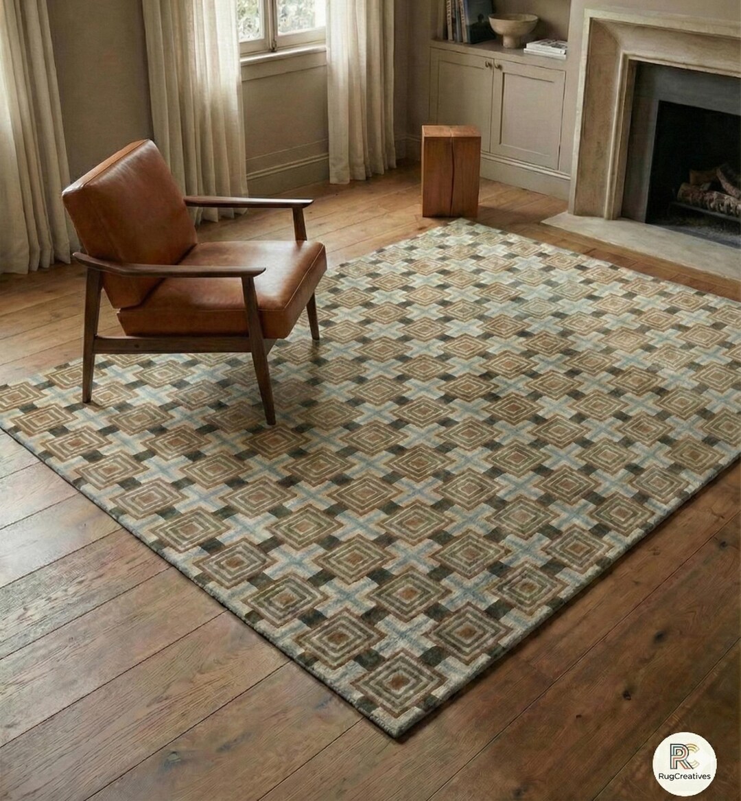 Hand-tufted Wool Area Rug | Brown & Beige Geometric Tile Design | Mid ...
