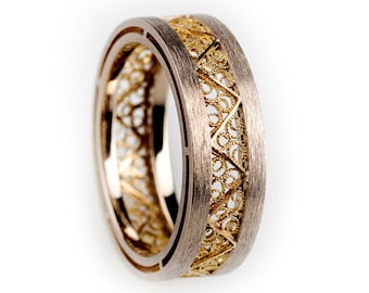 Wedding Band in 18K gold white, or white and yellow. Lovely and unique wedding ring. Original design by Luis Méndez Artesanos. Unit pricing