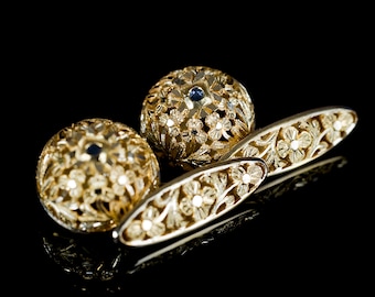 Elegant Carved Buttons Cufflinks. In 18K yellow or white gold and antique cut diamonds. Authentic craft jewelry. By Luis Méndez. Spain.