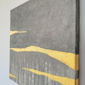 Small Textured Abstract Painting | Square Dark Gray Gold Wall Art | Modern Minimalist Canvas | Industrial Style Art | Varnished Original