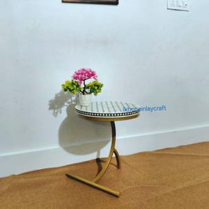 Bone Inlay Round Accent Table – Handmade Floral Pattern Side Table with Brass Base for Living Room or Bedroom Decor