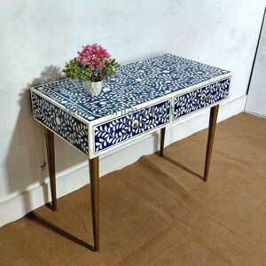Blue White Bone Inlay Console Table Handmade Floral Writing Desk Home Decor