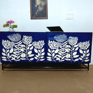 Handmade Blue Bone Inlay Floral Sideboard – Elegant Storage Cabinet with White Leaf Design